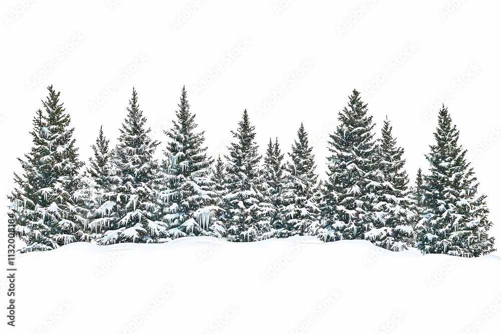 Obraz premium Snow Covered Evergreen Trees Against White Background in Winter