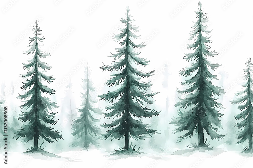 Obraz premium Lush Evergreen Trees in Misty Forest Landscape Illustration