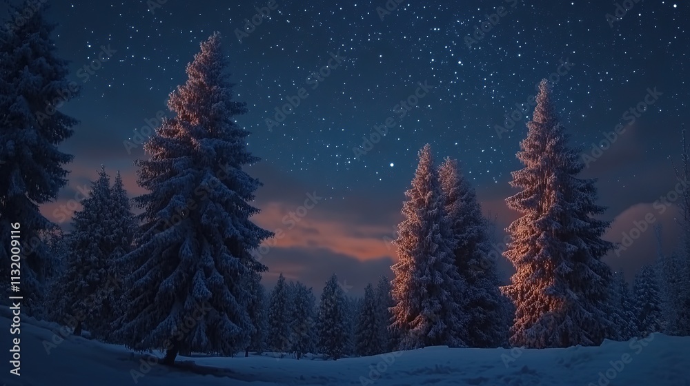 Fototapeta premium Christmas banner. Beautiful night scene with a snowy landscape and a starry sky. The scene is dominated by tall, snow-covered pine trees. 8k image