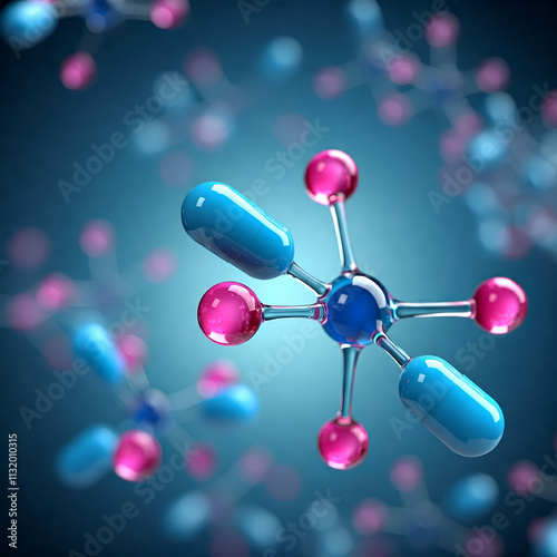 Abstract molecular structures with blue capsules attached to pink spheres, representing the intersection of nanotechnology, medicine.