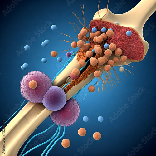 A 3D rendering of a bone with a cross-section revealing cancerous cells attacking and damaging the bone structure, illustrating the process of bone cancer.