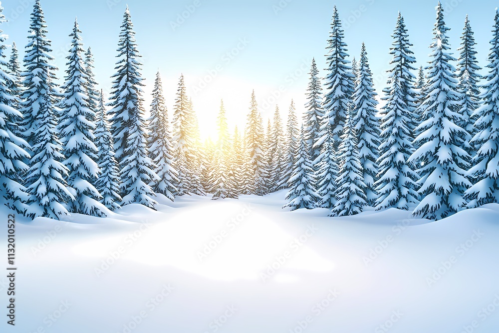 Fototapeta premium Serene Winter Landscape with Snowy Pine Trees and Golden Sunrise
