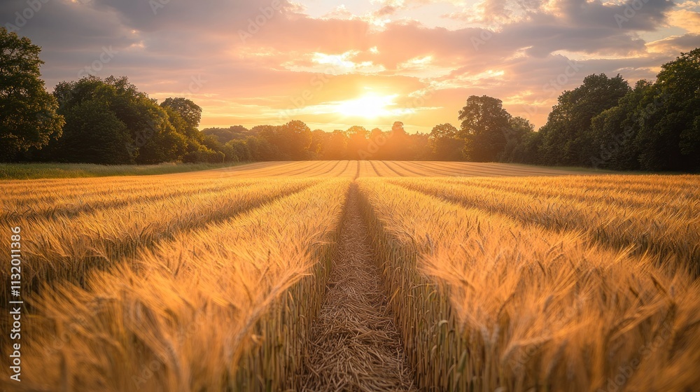 Obraz premium A pathway through a field of wheat at sunset, with the sun shining brightly in the distance.