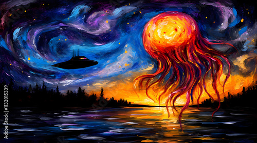 vibrant alien ocean scene featuring glowing jellyfish like creatures and UFO against colorful sunset. artwork captures surreal and mystical atmosphere photo