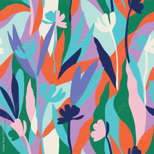 Botanical, style of cut out paper, abstract vector background. Cute colorful seamless pattern with hand drawn flowers, leaves and branches. Simple trendy floral print for fabric, wallpaper, stationery