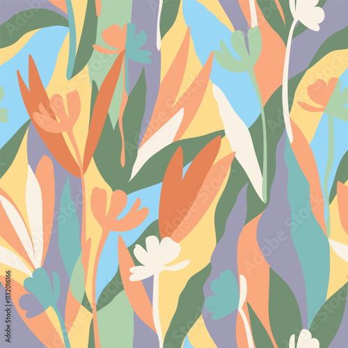 Botanical, style of cut out paper, abstract vector background. Cute colorful seamless pattern with hand drawn flowers, leaves and branches. Simple trendy floral print for fabric, wallpaper, stationery