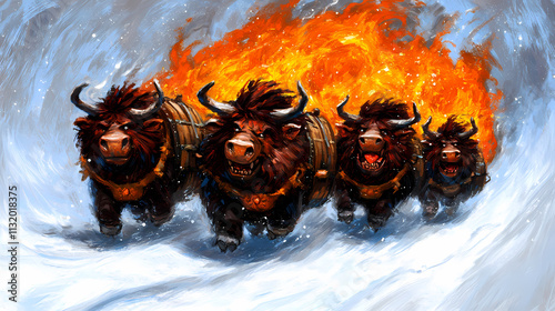 Fierce bulls charge through snowy landscape, pulling fiery barrels, showcasing strength and determination in dramatic scene