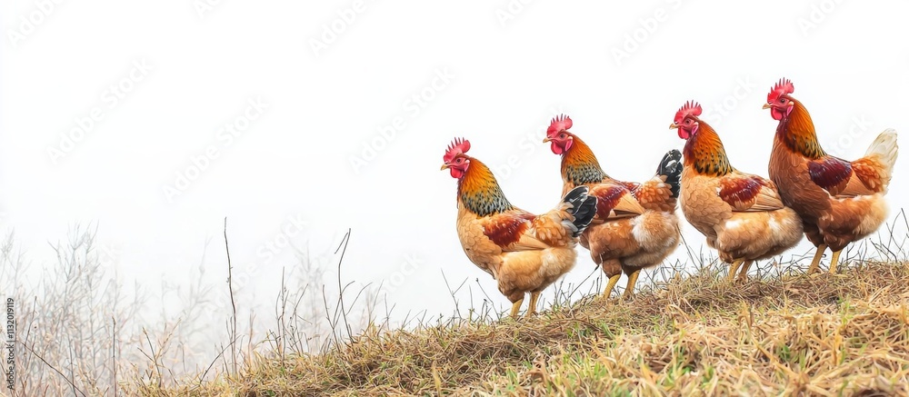 Fototapeta premium Hens on a traditional free range poultry organic farm grazing on the grass with copy space , isolated on white background, , copy space, copy space for text,