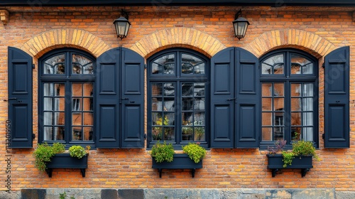 Three arched windows with dark shutters and planters on a brick wall.