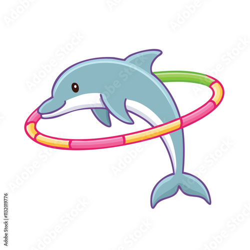 A playful dolphin jumping through a colorful hula hoop.