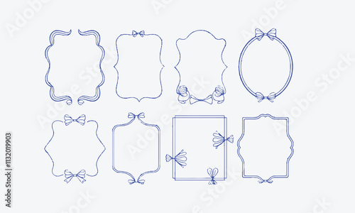 Doodle hand-drawn frames with wavy vector illustration lines, bows, and ribbons. Minimalist simple line art. trendy vintage whimsical borders for wedding invitations, easily editable.