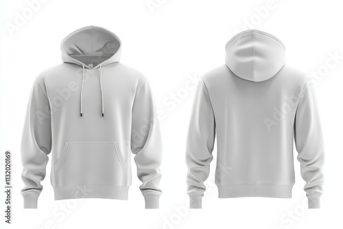 Blank light grey hoodie mockup, front and back views, isolated on white background.