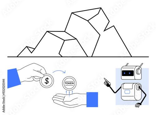 Abstract mountains, hands exchanging dollar and token coins, robotic assistant with gestures. Ideal for technology, cryptocurrency, digital transactions, automation, finance, innovation, futuristic