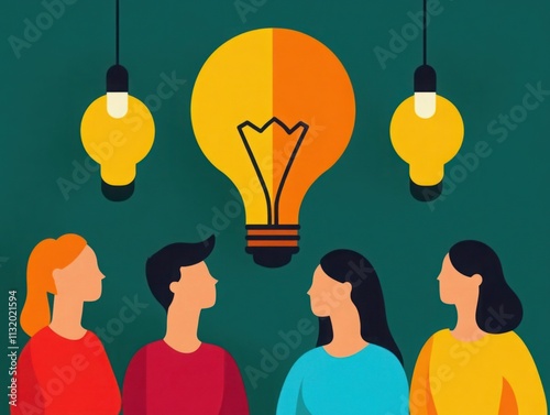 Vibrant Illustration of Diverse People Engaged in Creative Discussion Surrounding a Bright Light Bulb Symbolizing Innovative Ideas and Inspiration Concept photo