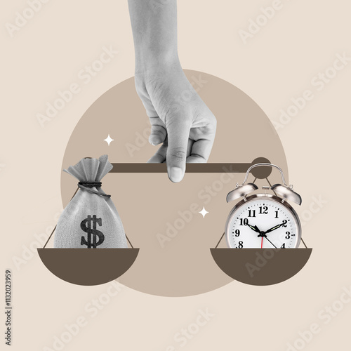 Fotografie hand scales, clock, money bag, time, money, work, hand, wages, art, scale, earn