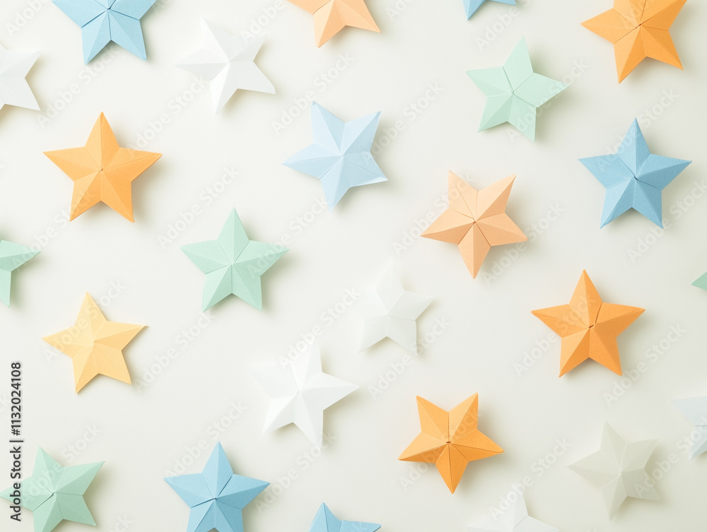 Fototapeta premium Origami stars made of paper on beige background with shadows. Creative New Year pattern. Flat lay