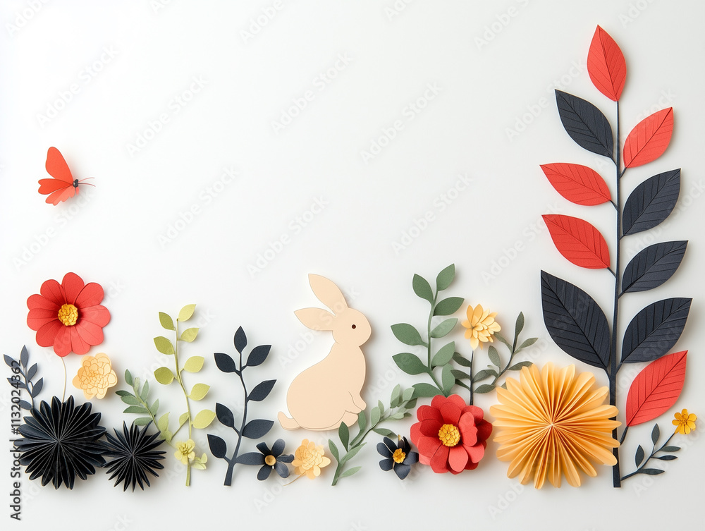 Fototapeta premium Ornate Chinese Rabbit with Paper Craft Flowers. Red and Black Lunar New Year Banner with copy-space.
