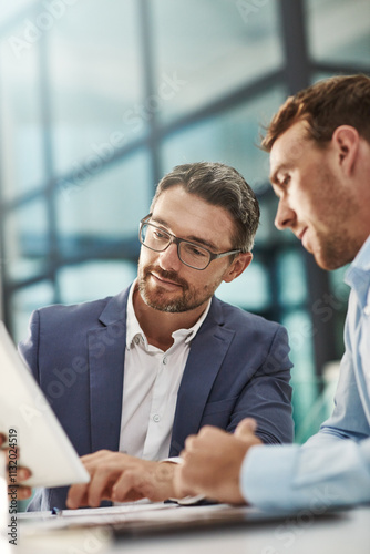 Businessmen, meeting and finance discussion with tablet stock market research or trading at office. Business people, broker or accountant with technology for financial profit, report or investment