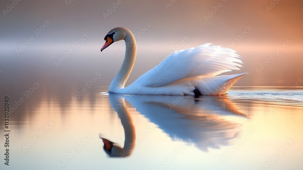 Obraz premium A serene swan glides across a tranquil water surface, reflecting the soft morning light.
