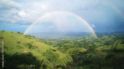 Vivid rainbow stretching across the sky after a fresh rain, set against lush green hills and a partly cloudy background, capturing the serene beauty of nature photo