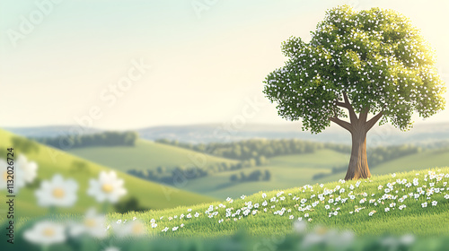 A majestic oak tree standing tall in a serene meadow, bathed in soft sunlight, with a blurred background of gentle hills,no blurriness. Majestic. Illustration photo