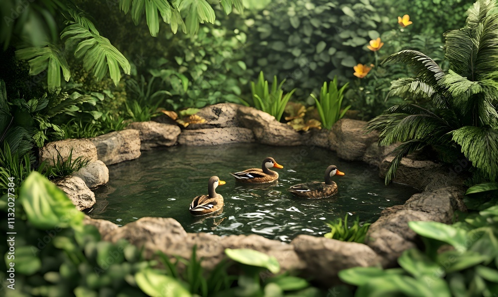 Naklejka premium A small pond with ducks swimming in it, surrounded by lush greenery, realistic, very detailed