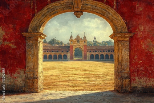 Spanish Bullring Empty Round Arena Architectural Design Baroque Style Dramatic Lighting