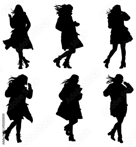 Dynamic Silhouettes of Women Walking in Stylish Winter Coats