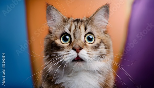 A cat with wide, surprised eyes in a close-up shot photo