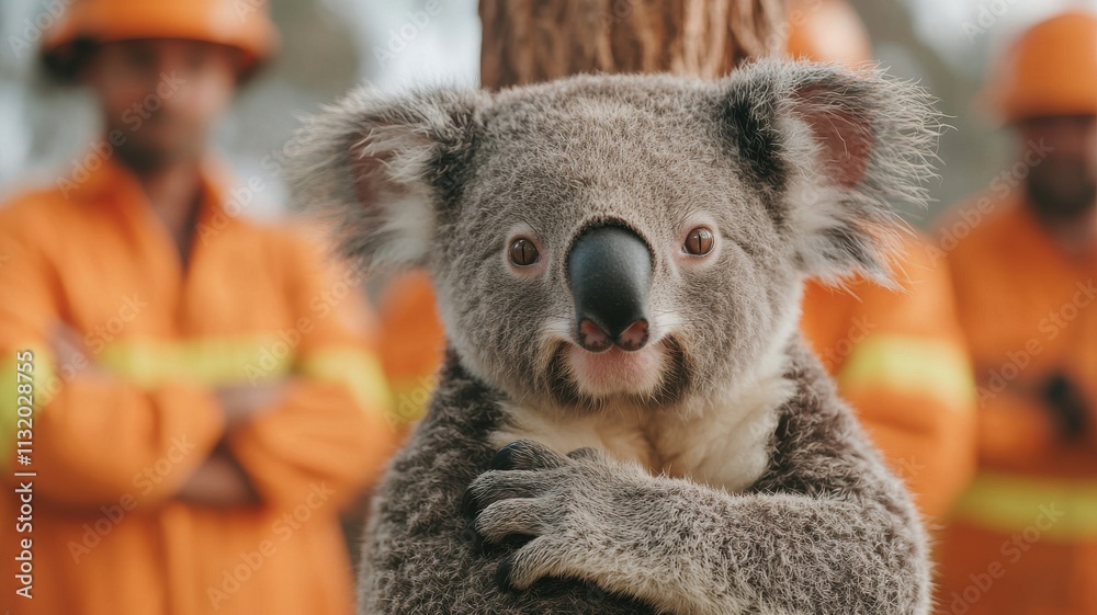 Fototapeta premium A koala stands in front of workers in orange safety gear, showcasing a blend of wildlife and human activity in a vibrant environment.