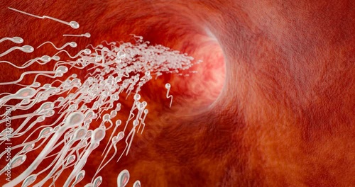 The sperm is directed towards the egg. To do human mating. A pre-fertilization model between an egg and a sperm. 3D Rendering	
