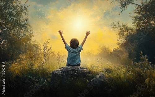 Child Praising the Lord in Prayer with Arms Raised in Thankfulness