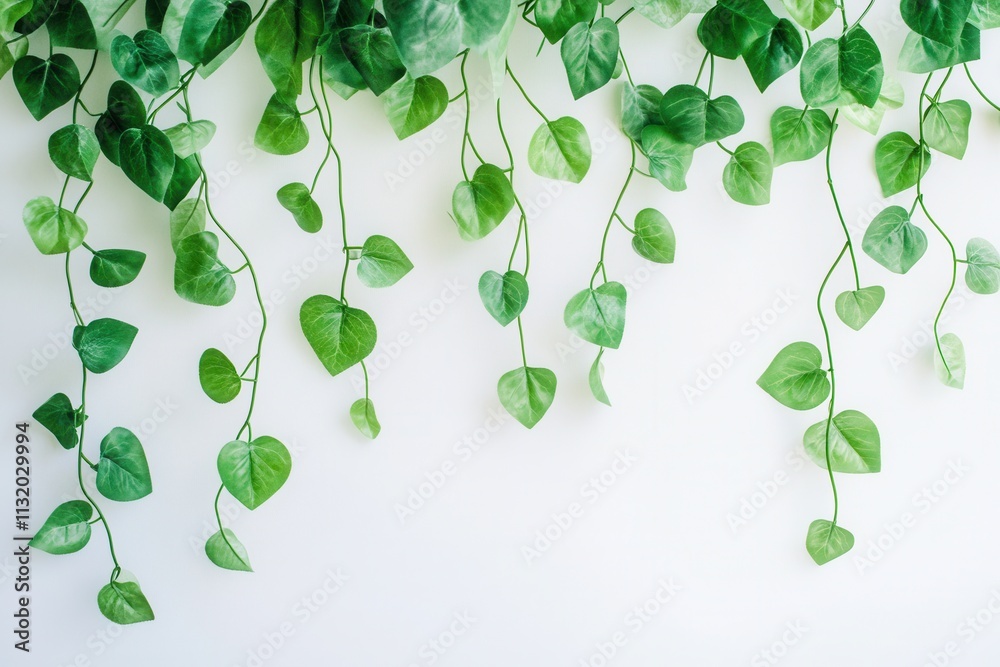 Obraz premium Green leaves cascading down a white background.