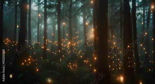 Gloomy fantasy forest scene at night with glowing lights