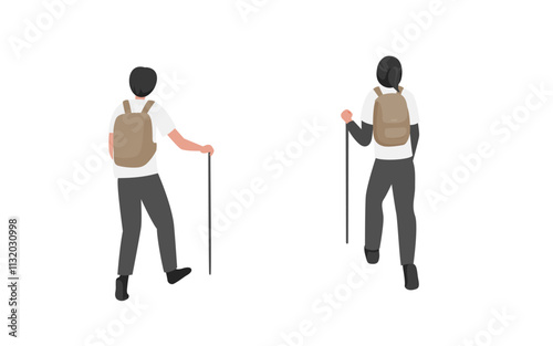 Behind view of hiking man and woman with hiking pole.