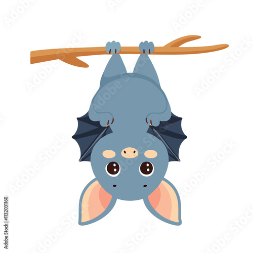 A cute cartoon bat hanging upside down from a branch, featuring large eyes and playful design.