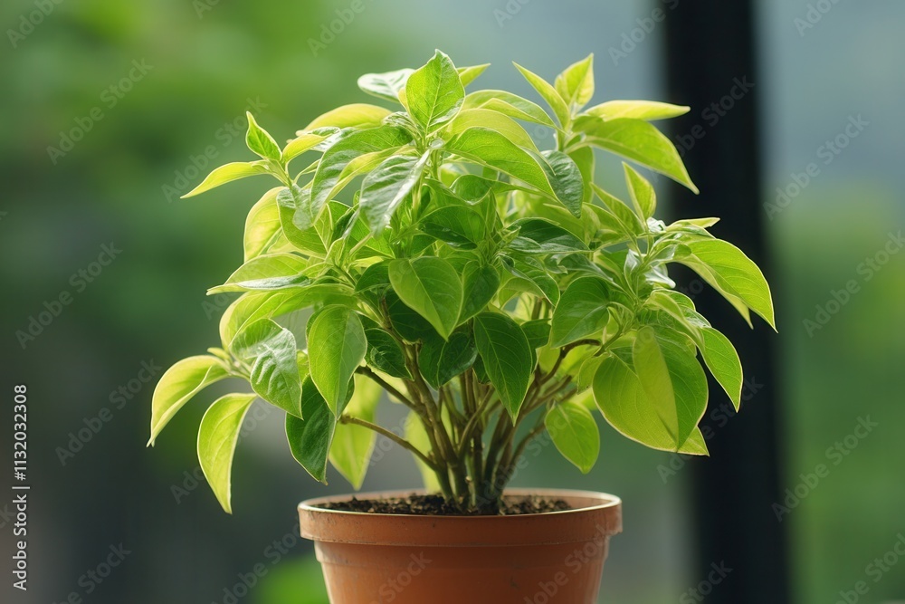 Fototapeta premium Green potted plant with vibrant leaves indoors.