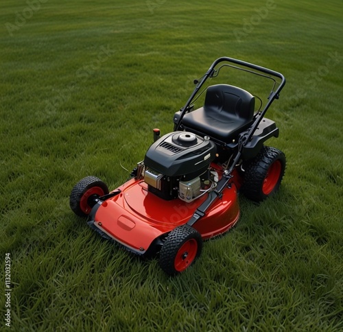 Vibrant Green Lawn With A Red And Black Lawnmower Parked On The Grass, Ready To Mow. Generative Ai.

