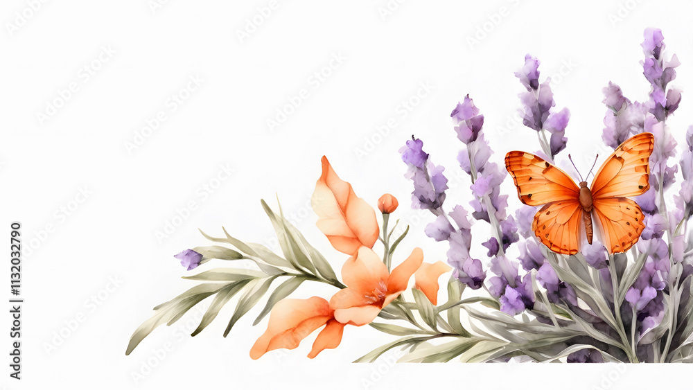 Obraz premium A delicate watercolor painting of an orange butterfly perched on a lavender flower.