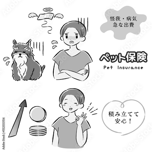 体調不良の犬と治療費に困る飼い主の女性のイラストセット