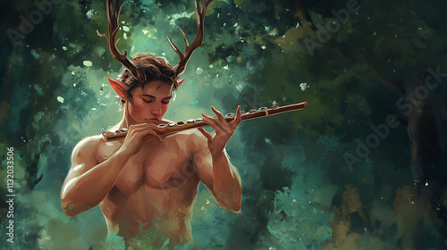 Satyr playing flute in a dreamy forest clearing. Forest Satyr. Illustration photo