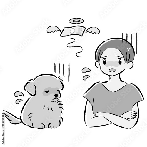 体調不良の犬と治療費に困る飼い主の女性のイラストセット