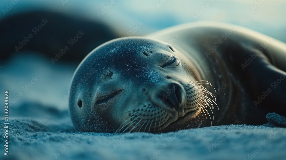 Naklejka premium A peaceful seal resting on the sand, showcasing its serene expression in a natural setting.