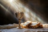 The last supper  holy grail, unleavened bread, and chalice of wine in corpus christi light