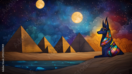 A mystical egyptian desert with pyramids and the nile river under a celestial anubis gaze. Mystical. Illustration photo