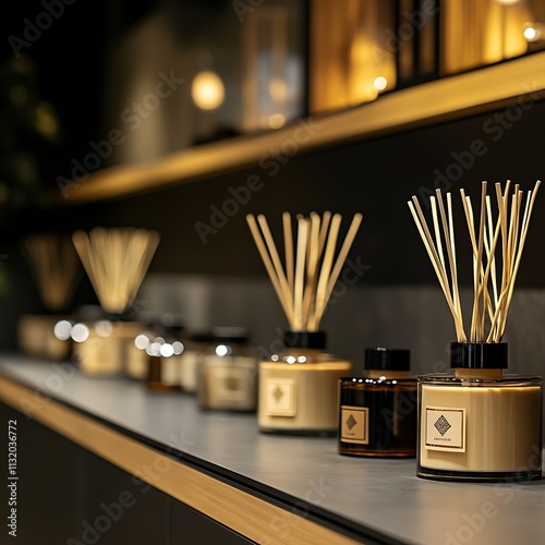 Elegant Reed Diffusers and Candles Displayed on Shelf