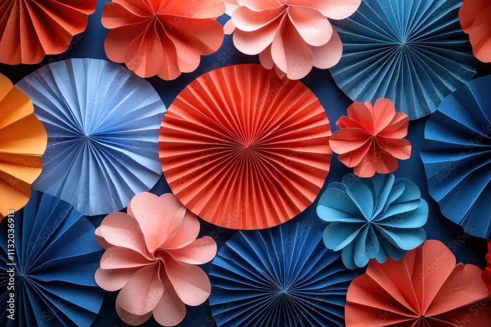 Fototapeta premium Patriotic Holiday Banner Design with Red White and Blue Paper Fans Celebrating Independence Day Memorial Day Labor Day Veterans Day