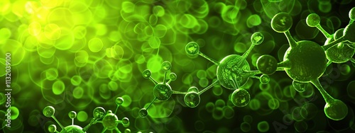 green structures resembling molecules or cells against a blurred background.