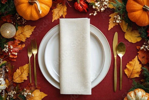 Thanksgiving autumn dining scene with white plate gold cutlery beige napkin pumpkins acorns colorful leaves and warm background photo