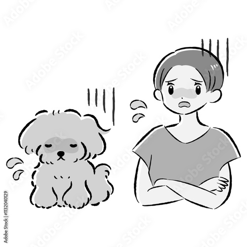 体調不良の犬と心配する飼い主の女性のイラストセット